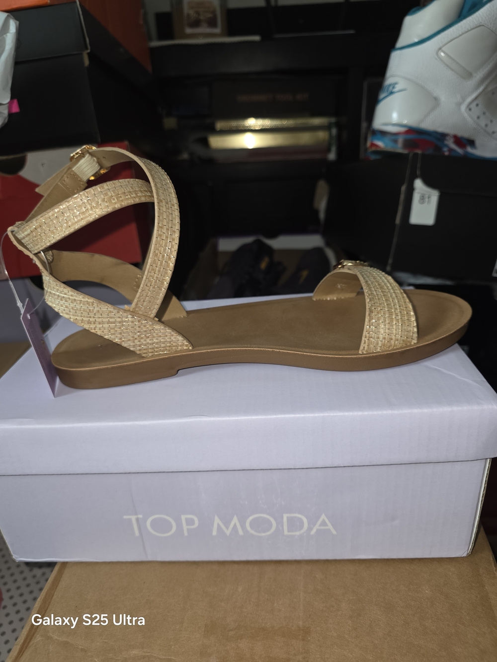 TOP Moda Tan Woven Ankle-Strap Flat Sandal. New Size: 7